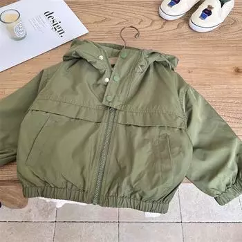 Весна-Осень, однотонная верхняя одежда с капюшоном на молнии для мальчиков и девочек, пальто с капюшоном на молнии, эластичная хлопковая дизайнерская повседневная куртка 90cm зелёный