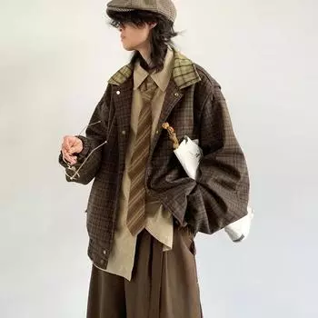 Весна Осень Оверсайз Цветной Лоскутный Мужской Клетчатый Пиджак Роскошный Мужской Дизайнерский Японский Стиль Винтажная Одежда S коричневый