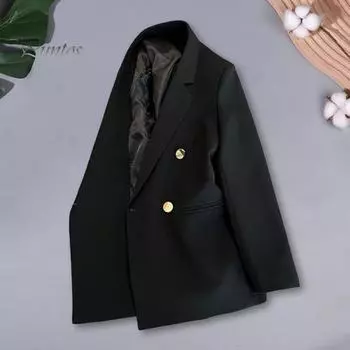 Весна-осень пиджак с лацканами, длинный рукав, двубортный пиджак с карманами, однотонный свободный крой, деловая верхняя одежда S бежевый