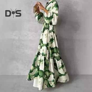 Весна-Осень Платье V-образный вырез Со сборками Трапеция Большие качели Полная длина Тонкая талия Рукава-фонарики С рюшами Художественный Соответствие цветов Принт Выпускной Коктейль Вечеринка XL зелёный