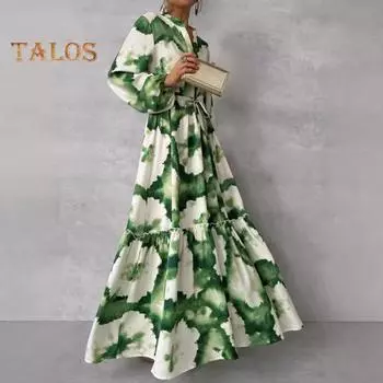 Весна-Осень Платье V-образный вырез Со сборками Трапеция Большие качели Полная длина Тонкая талия Рукава-фонарики С рюшами Художественный Соответствие цветов Принт Выпускной Коктейль Вечеринка M зелёный