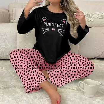 Весна Осень плюс размер 5XL Длинные рукава Брюки Пижама Комплект Повседневный свободный смешной графический принт Пижама Женская одежда для сна Комплект для рождественских подарков XL
