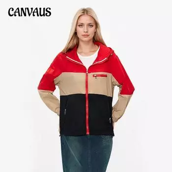 Весна Осень Плюс Размер С Капюшоном Свободный Цвет Блокировка Длинный Рукав Молния Солнцезащитная Куртка M красный