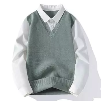 Весна Осень Поддельные Двухсекционные Трикотажные Пуловеры Мужская Мода Лоскутная Рубашка Воротник Slim Fit Smart Casual Мужские Трикотажные Свитера Топы 4XL бежевый