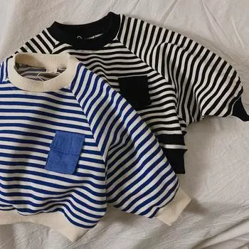 Весна Осень Полосатая Длинные Рукава Толстовка Дети Мальчики Свободные Рукава Летучая Мышь Одежда Для Девочек Мальчиков 130cm чёрный