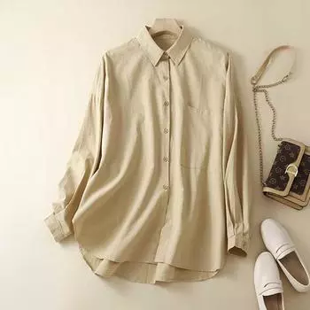 Весна Осень Повседневная однотонная рубашка из хлопка и конопли Fat Mm с длинным рукавом и воротником большого размера с льняным верхом Блузки и рубашки L хаки