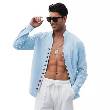 Весна Осень Повседневная рубашка Мужская однотонная рубашка с длинным рукавом Рубашки на пуговицах Винтажные пляжные гавайские рубашки для отпуска S чёрный