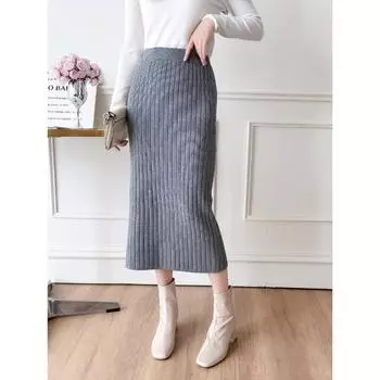Весна Осень Повседневная Женская Юбка С Высокой Талией Сексуальная Трикотажная Юбка С Разрезом Сзади Элегантные Однотонные Офисные Длинные Юбки Для Женщин Мода One Size чёрный