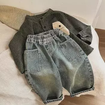 Весна Осень Повседневные брюки Маленькие Средние Детские Боковые Карманы Шлифовка Белые Мальчики Джинсы 130cm синий