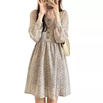 Весна Осень Повседневный Цветочный Принт Квадратный Вырез Длинный Рукав Платье 2XL