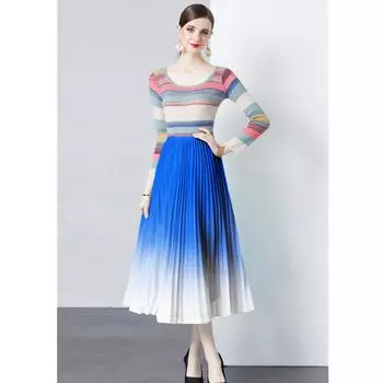 Весна-Осень, повседневный комплект из 2 предметов, женские наряды, модные полосатые вязаные топы с длинными рукавами и градиентными шифоновыми плиссированными юбками-миди, костюмы XL жёлтый