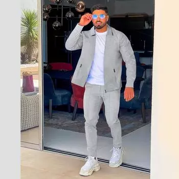 Весна Осень Повседневный спортивный комплект Мужская куртка с карманом на молнии и лацканами Брюки Мужской спортивный уличный костюм XXXL белый