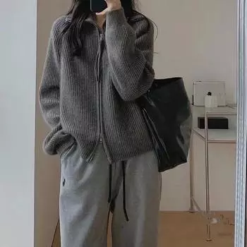 Весна Осень Повседневный свитер с двойной молнией Куртка для женщин Длинный рукав Вязаный свитер Женский ретро лацкан Молния Вязаный кардиган Свободный утолщенный Верхняя одежда One Size серый