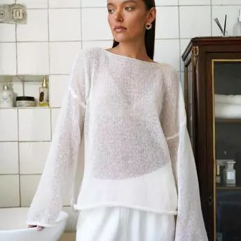 Весна Осень Повседневный вязаный свитер Женский Длинный Рукав Прозрачный Сексуальный Пуловер Свитера Женские Элегантные Тонкие О-Образным Вырезом Женский Трикотаж 24648 S белый