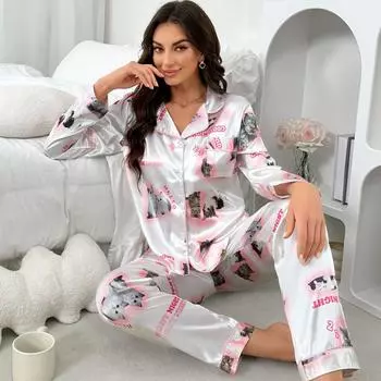 Весна Осень прекрасный мультяшный кот принт роскошная женская шелковая пижама с длинным рукавом домашняя одежда для молодых девушек с длинным рукавом пижама костюм M