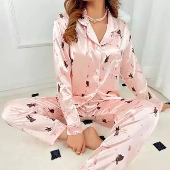 Весна Осень прекрасный розовый Кролик напечатан Роскошные женские шелковые пижамы с длинным рукавом домашняя одежда модный длинный рукав пижамы костюм M