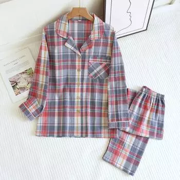 Весна / Осень Простая Пижама из стираного хлопка, женские брюки с длинными рукавами, домашняя одежда, свободный повседневный комплект из 2 предметов в клетку с лацканами M