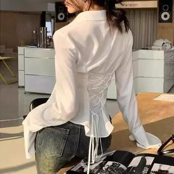 Весна-Осень Расклешенная Белая Рубашка С Длинным Рукавом Для Женщин Модная Тонкая Повседневная Блузка На Пуговицах со Шнуровкой Женская Однотонная Облегающая Бандажная Сексуальная Женская Топ 24624 S белый