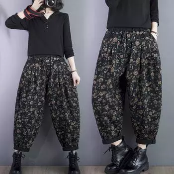 Весна Осень Ретро Цветочные Джинсовые Брюки Харун Свободные Широкие Брюки С Высокой Талией XXL чёрный