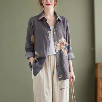 Весна Осень Ретро Хлопок Льняной Топ для Женщин Цветочный Принт Рубашка Винтаж Художественный Свободный Оверсайз Блузка С Длинным Рукавом M серый