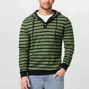 Весна Осень Ретро Мужская Полосатая Толстовка с Капюшоном Пуловер Половина Застежки Повседневные Топы с Длинным Рукавом L армия зеленый