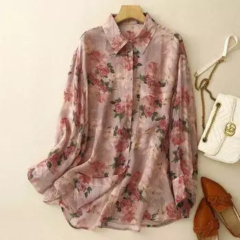 Весна Осень Ретро Ниша Повседневный Маленький Лацкан Принт Цветок Персика Свободный Повседневный Большой Издание Рубашка Блузки и Рубашки L