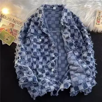 Весна Осень Ретро Синий Клетчатый Кисточки Джинсовые Куртки Стирать Хлопковые Джинсы Уличная Одежда Свободные Пальто 3XL синий