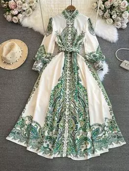 Весна Осень Ретро Стиль Суд Платье Женщин Элегантный Фонарь Длинные Рукава Одежда Модные Длинные Платья А-силуэта С Принтом Для Вечеринок S зелёный
