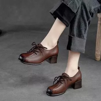 Весна Осень Ретро Женские Однотонные Туфли-лодочки Кожаные Туфли Ручной Работы На Шнуровке С Круглым Носком Каблуки Среднего Размера 40 чёрный