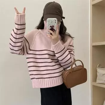 Весна Осень розовый Полосатый свитер Женский свободный трикотаж с лацканами Женский свитер с высоким воротом на молнии Повседневная мода Женские свитера One Size