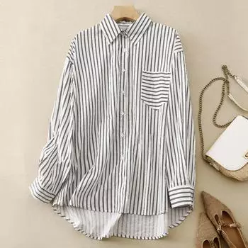 Весна-осень рубашка с одним карманом в вертикальную полоску для женщин винтажная корейская блузка простые свободные рубашки с длинным рукавом M белый