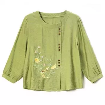 Весна Осень Рубашка Семь Рукавов Хлопок Конопля Китайский Ретро Вышитый Топ Большие Свободные Блузки L