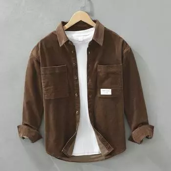 Весна/осень рубашки с длинным рукавом для мужчин Винтажная вельветовая рубашка в японском стиле Свободный верх с двумя квадратными карманами Повседневные рубашки M белый