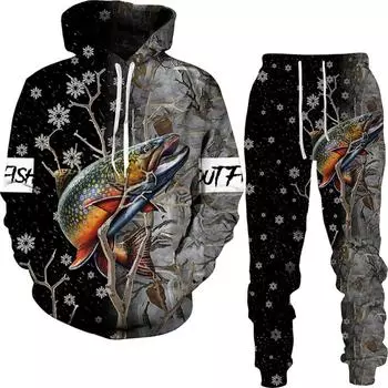 Весна-Осень с 3D принтом рыбалки, повседневные толстовки для пар, наряды в стиле хип-хоп, мужская уличная одежда, толстовка с капюшоном + брюки, мужской спортивный костюм, комплект S
