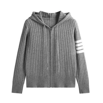 Весна Осень С Капюшоном Молния Вязаный Свитер Пальто Куртка Женская Мода Контрастного Цвета Длинные Рукава Джемперы One Size серый