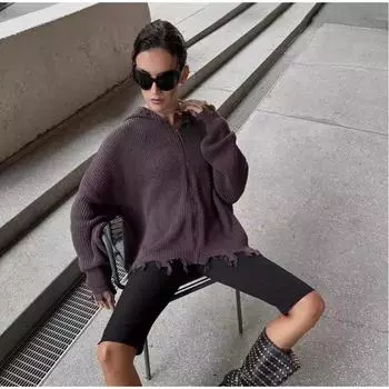 Весна-Осень С Капюшоном Вязаный Повседневный Женский Кардиган Кисточки Мягкий и Теплый Свободный Молния Рваный Свитер S чёрный