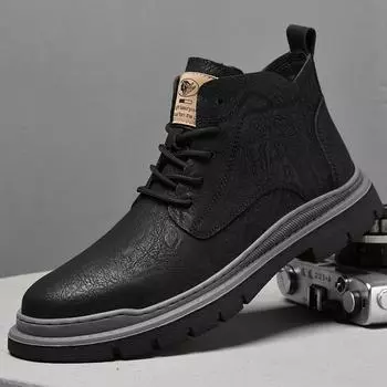 Весна Осень Сапоги из ткани Британский стиль Взрослые мужские туфли Теплые с мехом Плюшевые высокие повседневные кожаные мужские туфли Сапоги 37