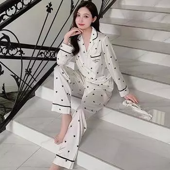 Весна Осень Сердце Принт Женская тонкая пижама мода Искусственный Шелковый Атлас Пижамный Комплект Длинный Рукав Белый Пижамный Костюм Женская Домашняя Одежда M