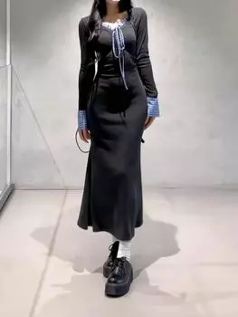 Весна Осень Сексуальное Модное Платье Русалка с V-образным Вырезом Женское Длинное Рукавом Тонкий Повседневный Халат Femme Однотонные Платья S серый