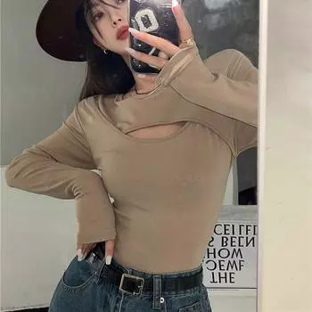 Весна Осень сексуальные полые однотонные тонкие пуловеры футболки женские повседневные длинные рукава нижние футболки женские базовые футболки y2k топы M