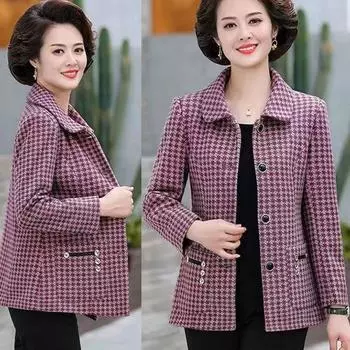 Весна Осень Шерстяная Куртка Новый Стиль Одежда Для Женщин Среднего Возраста Утягивающий Костюм Клетчатый Топ XL розы красного