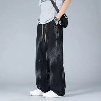 Весна Осень Широкие Джинсовые Брюки Мужские Брюки Нейтральные Повседневные Уличные Модные Джинсы Оверсайз Модные Брюки Для Отдыха На Природе XS чёрный