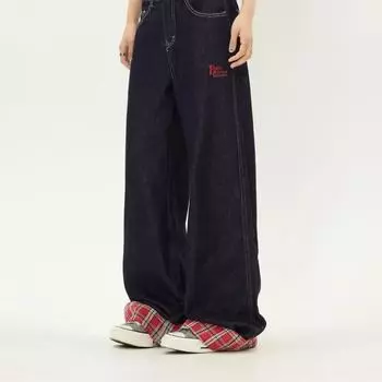 Весна Осень Широкие Прямые Брюки Ретро Клетчатые Лоскутные Женские Джинсы High Street Свободные Широкие Прямые Брюки Пары XS красный