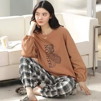 Весна Осень Sleep Lounge Пижама с длинными рукавами Топ в горошек Женские пижамные комплекты Мультяшные пижамы Хлопковая одежда для сна для женщин M