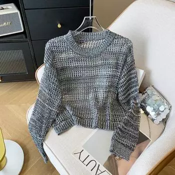 Весна Осень Солнцезащитный Вязаный свитер Топы Женские Корейские Модные Новые Длинные Рукава Открытые Свободные Короткие Топы Прикрыть Открытые Тонкие Блузки 1410 One Size белый