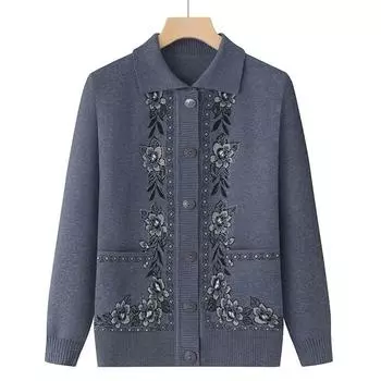 Весна Осень Средний Возраст Пожилые Женщины Свитер Тонкий Кардиган Куртки Повседневный Длинный Рукав Пальто Женский Вязаный Свитер XL зелёный