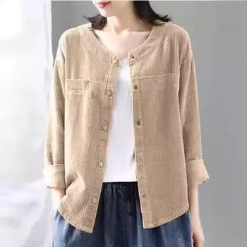 Весна Осень Стиль Повседневный Однотонный Вельвет Длинный Рукав Спереди Пуговица Повседневная Куртка Для Женщин Куртки И Пальто Женские S хаки