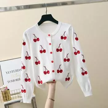 Весна Осень Студент Вишневая Вышивка Вязаный Свитер Пальто Куртка Женская Мода Однобортные Джемперы One Size белый