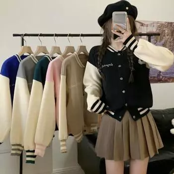 Весна Осень Свитер Куртка Женская Мода Свободный Стиль Колледж Напечатанные Буквы Повседневный Бейсбол Джерси Вязаный Кардиган Пальто Трикотаж Топы Женский one size чёрный