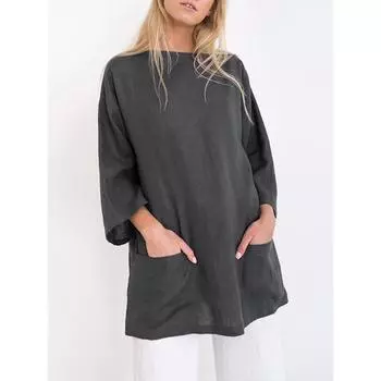 Весна Осень Свободная блузка с круглым вырезом Повседневная рубашка с карманами и рукавами семь четвертей для женщин S серый